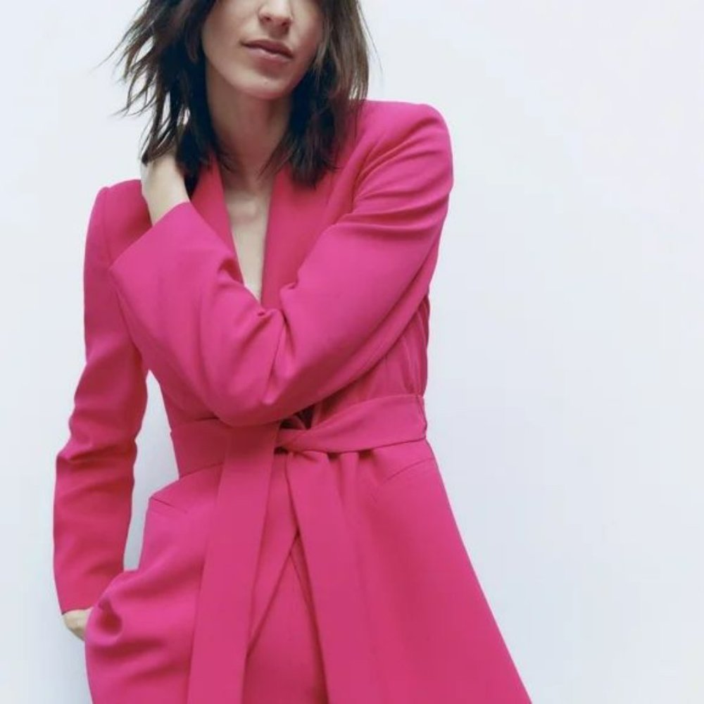 ZARA BELTED TUXEDO COLLAR BLAZER NEON FUSCHIA - Picture 3 of 13